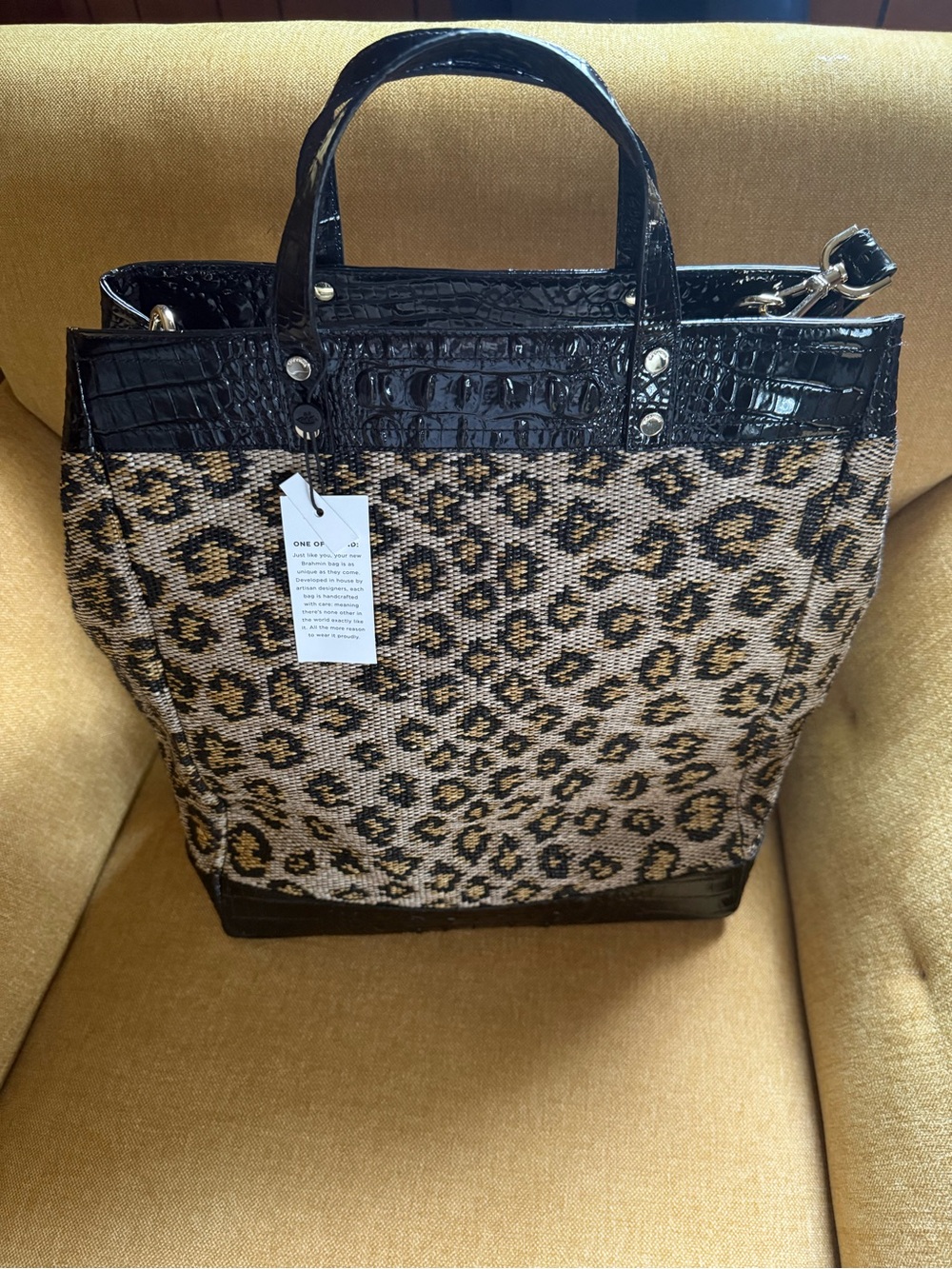 Brahmin Leopard Print Tote with Black Croc-Embossed Trim - Picture 9 of 11